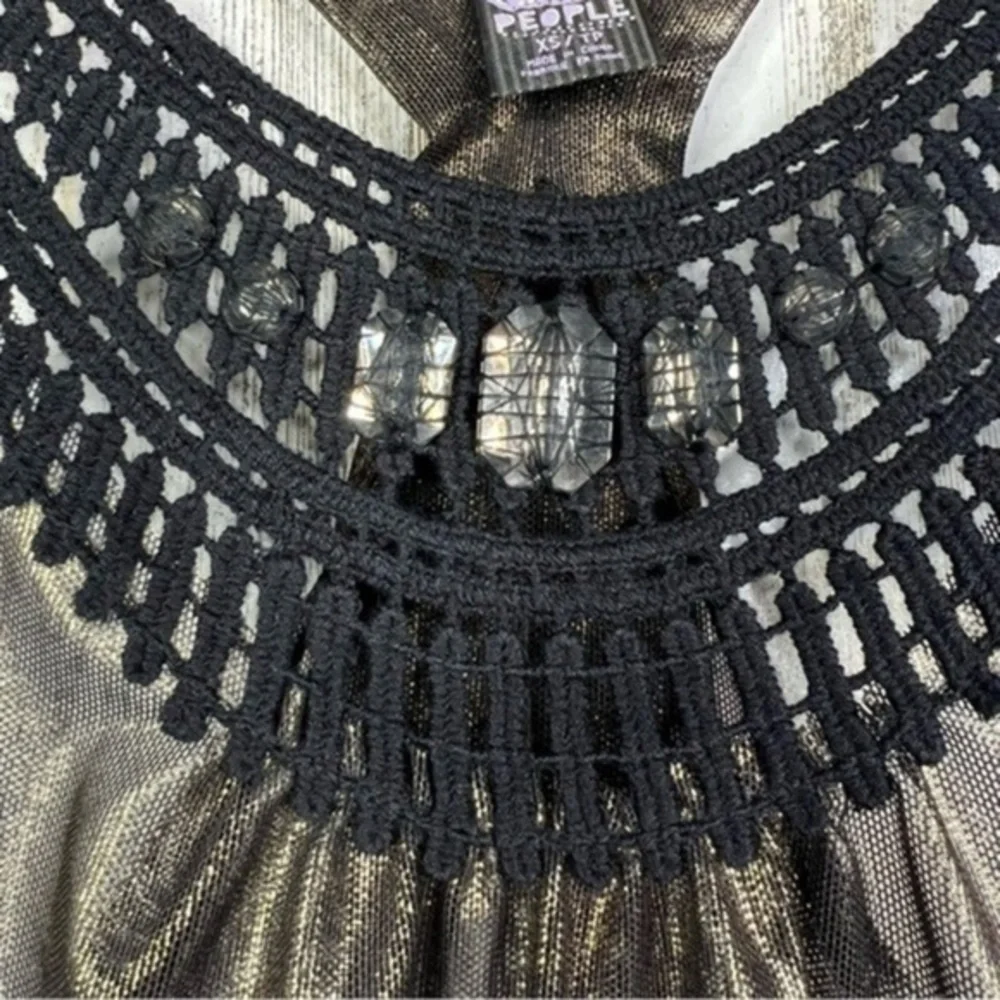 Free People Embellished Sheer‎ Metallic Racerback Tank Top Black Gold Rhinestone